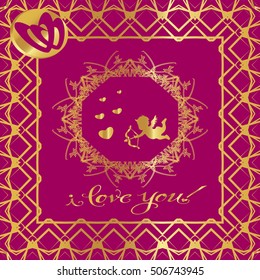 Postcard. Gold patterns on a pink background. A heart of gold and a gold Cupid. The words "I love you"
