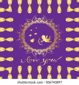 Postcard. Gold patterns on a purple background. A heart of gold and a gold Cupid. The words "I love you"

