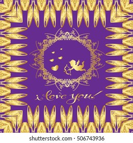 Postcard. Gold patterns on a purple background. A heart of gold and a gold Cupid. The words "I love you"
