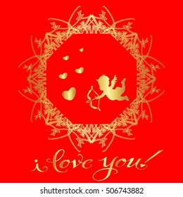 Postcard. Gold patterns on a red background. A heart of gold and a gold Cupid. The words "I love you"
