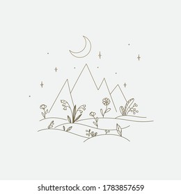 Postcard con montañas y hierbas doradas, ilustración vectorial