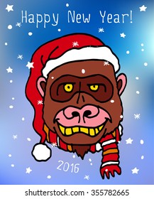 Postcard with gorilla monkey in Christmas hat. Merry Christmas and Happy New 2016 Year colorful cartoon vector illustration on blue winter background. Chinese calendar
