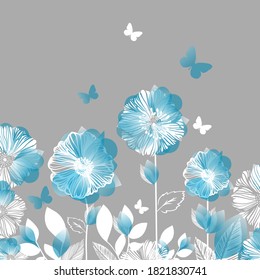 Postcard with graphic blue flowers and butterflies. Vector illustration
