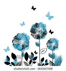 Postcard with graphic blue flowers and butterflies. Vector illustration
