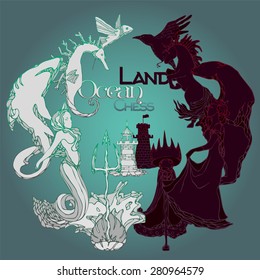 Postcard with graphic composition illustrates opposition of two contrast armies of chessmen. Land and ocean sides. Poster for a game
