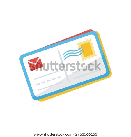 Postcard graphic element, travel communication, mail delivery service, vintage letter design, stamp and envelope icon.