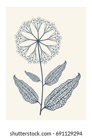 Postcard with a gray hand drawn flower on a soft yellow background. Vector illustration.