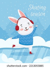 Postcard with a gray rabbit rolling in winter against the backdrop of snow and fir trees. Skating season. Happy bunny in fur ears on ice. Vector children's card with winter landscape
