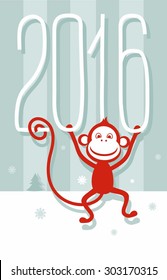 Postcard gray-green, red monkey, 2016, New year. Gray-green Christmas card with red, fiery monkey. Monkey hanging on white numbers and smiles. Striped and white background.  