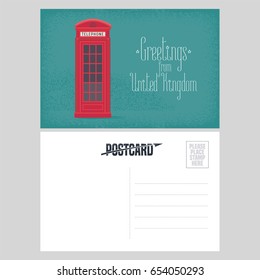 Postcard from Great Britain vector illustration with red phone booth. British symbol design element in template double sided greeting card
