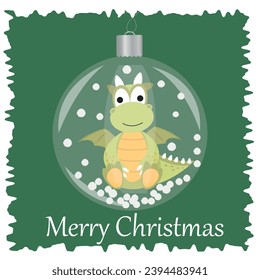 Postcard a green dragon in a New Year's glass ball