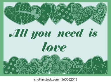 Postcard with green hearts, patterns and lettering. Valentine's Day.