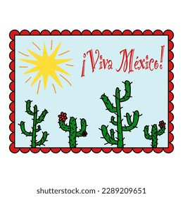 Postcard, greeting card or fridge magnet print with cactus, sun and Viva Mexico text, doodle vector