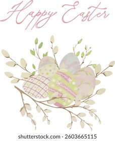 Postcard, greeting card, Happy Easter, Vector, Watercolor, Easter, colored eggs, for Printable Cards, invitations