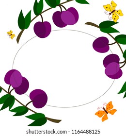 Postcard, greeting sticker with a picture of plums and butterflies.