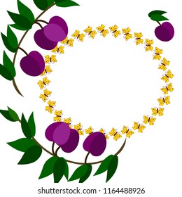 Postcard, greeting sticker with a picture of plums and butterflies.