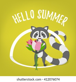 Postcard with the greeting of the summer. Raccoon with tulips. On a yellow background