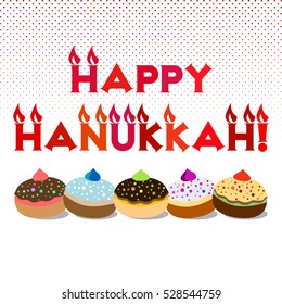 Postcard for greetings with Festival of Lights, Feast of Dedication Hanukkah. Greeting as candles with flames and jewish sufganiots on halftone background. Vector illustration