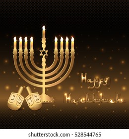 Postcard for greetings with Festival of Lights, Feast of Dedication Hanukkah. Golden menorah with candles and dreidels on black halftone background with gold shining. Vector illustration