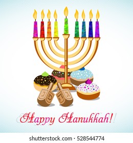 Postcard for greetings with Festival of Lights, Feast of Dedication Hanukkah. Menorah with colorful candles, dreidels and jewish sufganiots on halftone background. Vector illustration