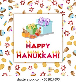 Postcard for greetings with Festival of Lights, Feast of Dedication Hanukkah. Gifts and lettering with flames on colorful background with Hanukkah elements. Vector illustration