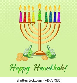 Postcard for greetings with Festival of Lights, Feast of Dedication Hanukkah. Menorah with colorful candles, dreidels and golden coins on green halftone background. Vector illustration