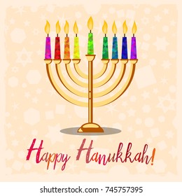 Postcard for greetings with Festival of Lights, Feast of Dedication Hanukkah. Menorah with colorful candles on pale background with pattern. Vector illustration