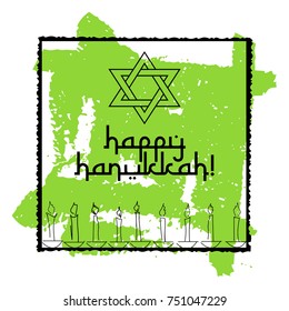 Postcard for greetings with Festival of Lights, Feast of Dedication Hanukkah. Star of David and eight candles on green background from brush strokes. Vector illustration