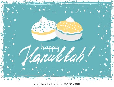 Postcard for greetings with Festival of Lights, Feast of Dedication Hanukkah. Grunge hand written greeting with jewish sufganiots on blue background with snow frame. Vector illustration