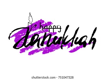 Postcard for greetings with Festival of Lights, Feast of Dedication Hanukkah. Hand written lettering with drawn candle on purple background from brush strokes. Vector illustration