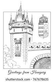 Postcard "greetings from Hungary". The image of the old tower and the national coat of arms of Hungary. The sketch marker. Vector