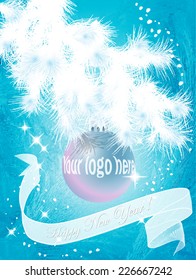 postcard greetings for the new year. tree branch, christmas ball, banner on the background of winter patterns. vector illustration