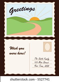 POSTCARD, Greetings, Travel Landscape.  Copy Space To Customize With Your Own Text And Address, Front And Back. EPS8 Compatible.

