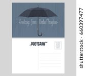Postcard with greetings from United Kingdom, UK with umbrella vector illustration. Template postal card from Great Britain