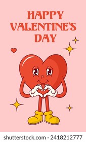 Postcard with groovy heart for Valentines Day. Trendy retro 20s 30s style.
