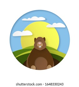 Postcard to Groundhog Day. Congratulations to the end of winter and beginning of spring. Vector.