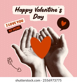 Postcard with halftone hands holding a heart. Collage-style poster for Valentine's Day. Text stickers. Hand elements on torn paper. Y2K-style design. Love, emotions, heartfelt message