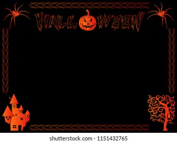 Postcard for Halloween with bright orange decoration and decorative frame on the black background, vector hand drawing