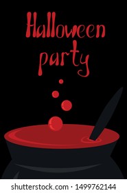 Postcard Halloween. Cauldron with potion, bubbles. Design for invitations, cards, wallpapers, gift wraps.