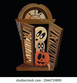 A postcard for Halloween. The Feast of All Saints. The window to the ghost house. Carved pumpkin and ghosts. Blinds, cobwebs, broken glass.  Happy Halloween. Trick 'r Trea.