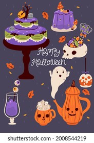 Postcard with halloween food and happy halloween inscription. Vector graphics.