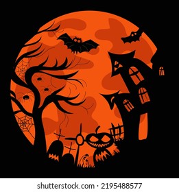 Postcard for Halloween. Full moon, haunted house, bats, pumpkin, cemetery, scary tree, spiders, spider web. Hand-drawn cartoon illustration.