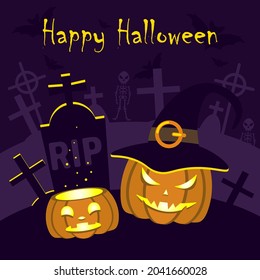 a postcard for Halloween. Happy Halloween! vector illustration with a pumpkin, graves, skeletons, bats and a witch's hat