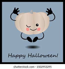 Postcard for Halloween. Pumpkin cute character with arms, legs and face.