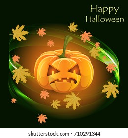 Postcard for Halloween with pumpkin and maple leaves