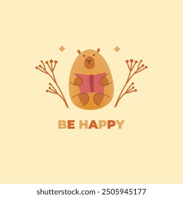 Postcard with hand draw capybara with book and inscription be happy. Vector illustration in flat style. Cartoon cute animal for print.Kids illustration on beige background.