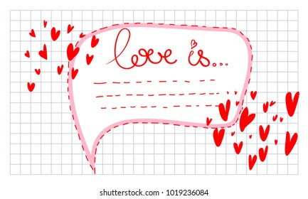 Postcard hand drawing for St. Valentine's Day, place for text about love, minimalistic doodle design, cloud for text, note template.