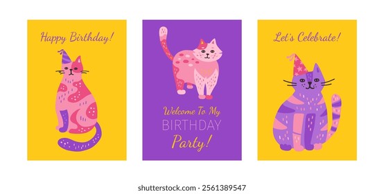 Postcard with hand drawn cartoon cats childish set. Welcome to birthday party cards set. Cute kitten with ornament. Modern pet funny animal design for kids. Invitation poster cats vector illustration