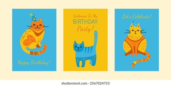 Postcard with hand drawn cartoon cats childish set. Welcome to birthday party cards set. Cute kitten with ornament. Modern pet funny animal design for kids. Invitation poster cats vector illustration