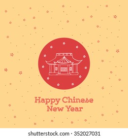 Postcard with hand drawn chinese houses pagoda with sing HAPPY CHINESE NEW YEAR in the circle on red and on yellow background with stars. Vector stock illustration. Holiday season in asia. 